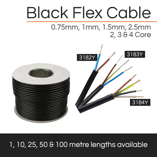 100m 2.5mm 3183Y BLACK 3 Core Flexible Flex Mains Wire Cable 1m Per Metre 